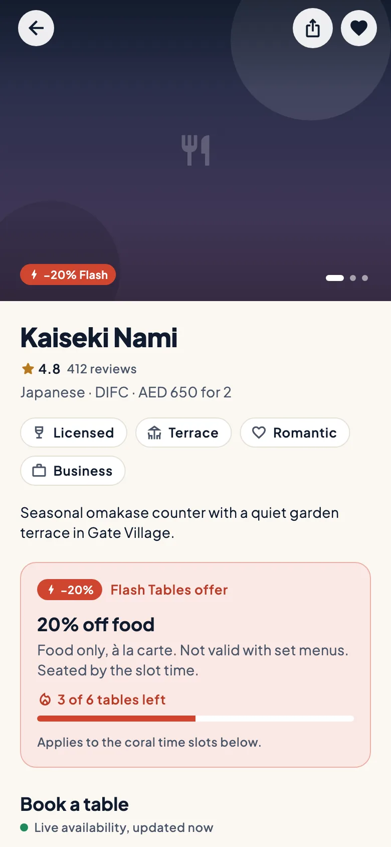 Yemekte %20 indirimli ve 6 masadan 3'ü kalan bir Flash Table teklifini gösteren restoran sayfası