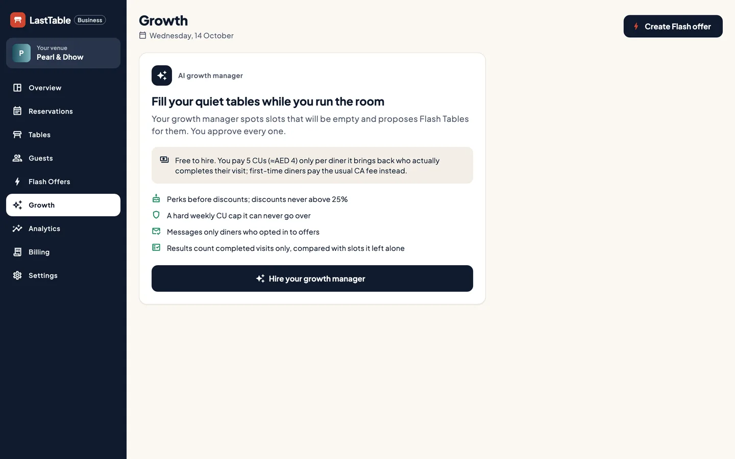 LastTable Business 中的“增长”页面:聘用你的增长经理,并显示其价格和防护规则